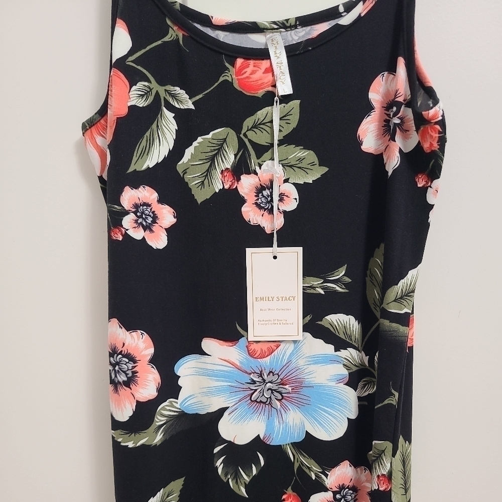 NEW Emily Stacy Women Black Floral Casual Spaghettis Strap Dress S. MSRP $50 - Picture 2 of 5